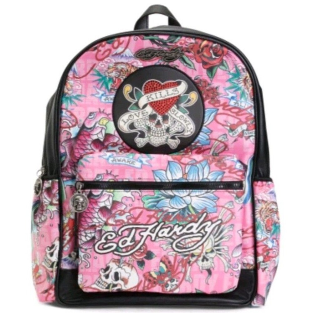Ed Hardy "Love Kills Slowly Embellished Tattoo Print Skull Backpack